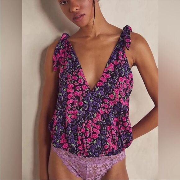 Free People Bare It All Pink And Purple Floral Bodysuit Large - Picture 1 of 7
